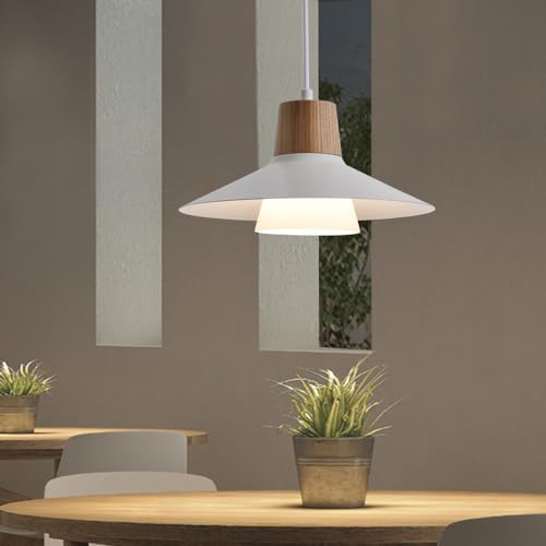Lampada a Sospensione 1 Fiamma,Lampadario Tavolo in Legno Bianco Nordico, Paralume in Metallo Vintage,Altezza Regolabile, Lampadari Moderna E27 Per Soggiorno, Comodino,Camera da Letto,Cucina,Bar,Ø28cm