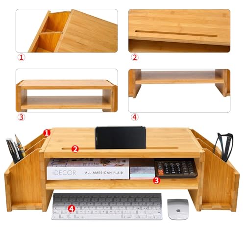 Image of Wooden Monitor Stand Riser with Storage Compartment and Lockable Storage Drawer Stand | Adjustable Desktop Organizer for Computer, Flax, Laptop & Printer (Wooden Monitor Stand)