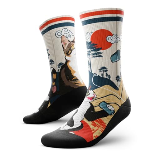 Outway Novelty Crew Socks for Men & Women, Breathable, Moisture-Wicking Athletic Calf Sock with Arch Support, Polyester & Spandex Blend, Colorful, Wild Life, Meow, M-L