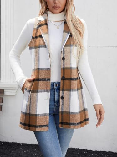 olrain Women Flannel Plaid Sleeveless Blazer Vest Lapel Neck Button Down Long Jacket Outwear Coat With Pockets Fall Winter3
