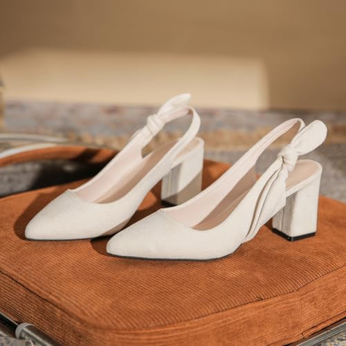 Women's Suede Bowknot Slingback Pumps Fashion Closed Pointed Toe Slip On Chunky Block Heeled Sandals Comfort Wedding Party Dress Shoes3