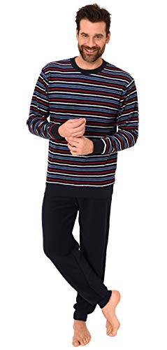 Langer Herren Frottee Pyjama Schlafanzug mit Bündchen - Streifenoptik - 291 101 13 133, Farbe:Marine/rot, Größe:54