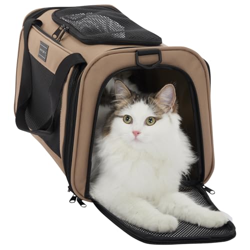 Petsfit Transportbox Katze kleine Hunde leicht Hundetasche Flugzeug für kleine Hunde Katzen Transporttasche Hundetragetasche,Tragetasche Hund Flugtasche mit Schutzgurt & erweiterbare Matte, S/Khaki