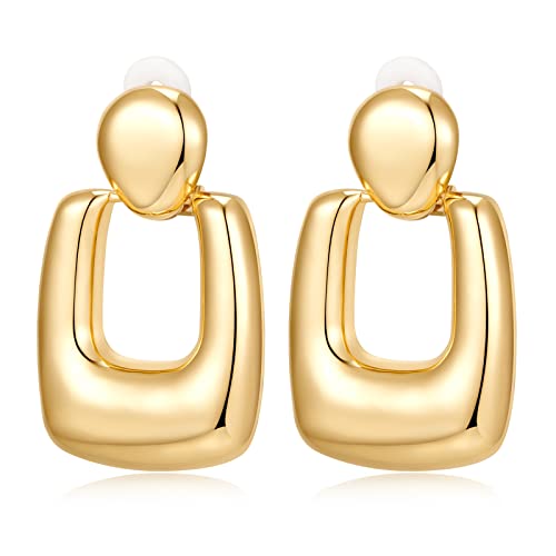 Polished Chunky Gold Dangle Clip-on Earrings for Women Geometric Hoop Clip Earrings for Birthday Jewelry