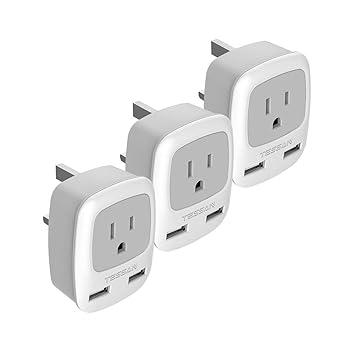 TESSAN US to UK Travel Plug Adapter 3 Pack, Type G Power Outlet Adaptor with 2 USB Charger for USA to Ireland Dubai Kenya Scotland British London England Singapore Qatar Hong Kong
