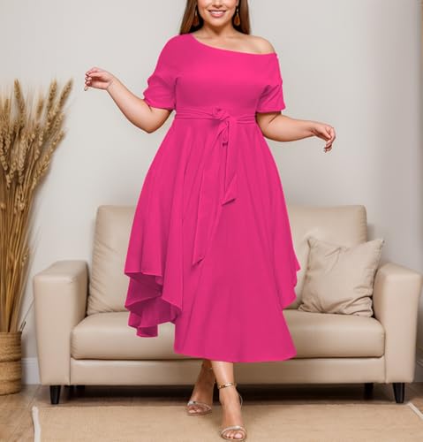 Image of Plus Size Women Wedding Guest Dress Off Shoulder Boat Neck Irregularly Flowy Midi Church Dress