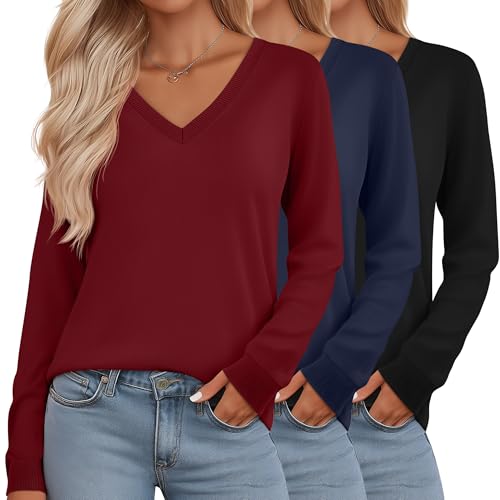 Riyiper 3 Pack Women's V Neck Sweater, Long Sleeve Lightweight Tops Casual Solid Color Pullover Loose Knit Classic Sweaters