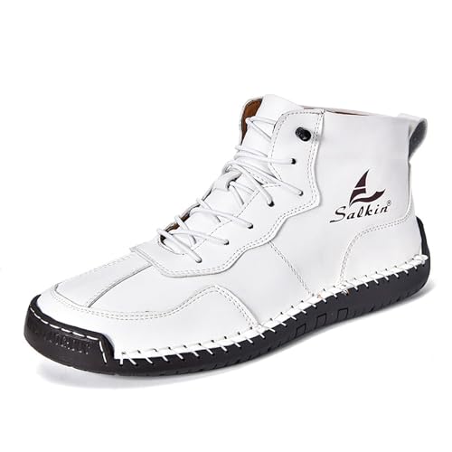 MVIOBUY Men's Lace Up Italian Handmade Chukka Boots Leather Renaissance Barefoot High Top Ankle Boots Lightweight Non-Slip Waterproof Walking Driving Shoes (White,10)