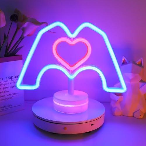 Image of ENUOLI Heart Hands Neon Sign Pink Heart & Blue Hand Neon Light Room Decor | LED Home Art Decor for Lover Valentine's Gift Girls Room Bedroom Wedding Room Bar Party Birthday Christmas Best Gift