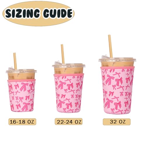 Image of Reusable 3-Pack Iced Coffee Cup Sleeve, Insulated Neoprene, Beverage Holder for Iced Coffee, Durable Drink Sleeve for Cold Beverages, Pink Bows