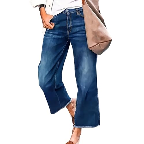 Women's Wide Leg Jeans Casual Stretchy Mid Rise Denim Pants Loose Fit Jeans Vintage Zipper Denim Pants with Pockets