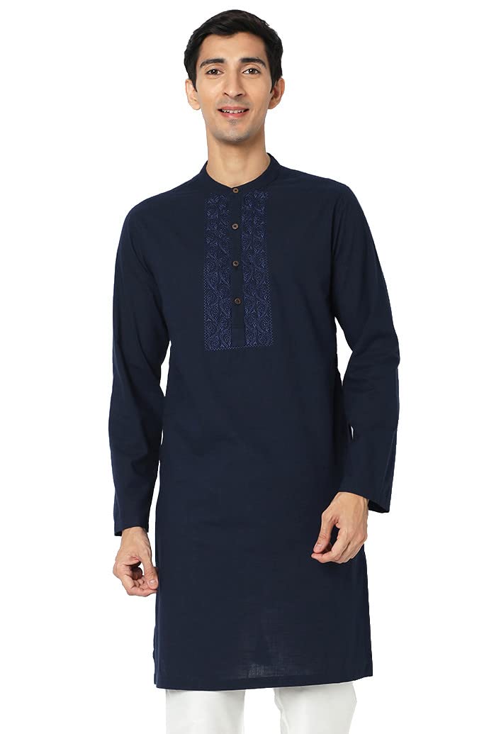 In-Sattva Men's Indian Embroidered Placket and Yoke Festive Long Kurta Tunic