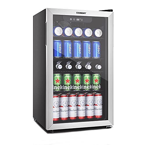 Image of EUHOMY 90 Can Beverage Refrigerator cooler, Mini Fridge Glass Door for Beer Drinks Wines, Freestanding Beverage Fridge with Adjustable Shelves.