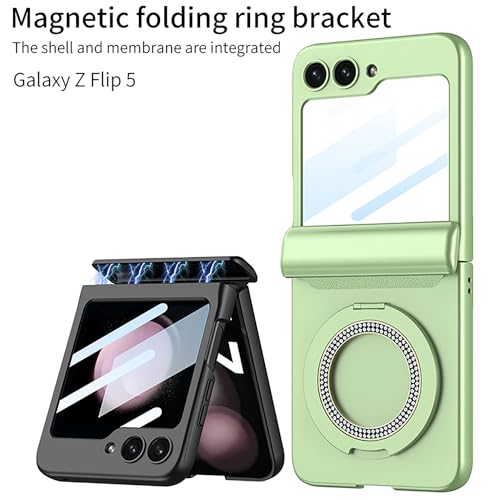 XIMAND for Samsung Galaxy Z Flip 5 Case with Magnetic Ring Holder Magnetic Hinge Protection & Built-in Front Screen Protector, Slim Texture Shockproof Case.(Purple)