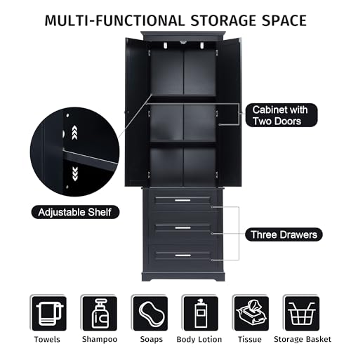 Image of Merax 70 inch Pantry Cabinet with Two Doors & Three Drawer, Adjustable Shelves Storage Cupboard for Kitchen /Dining Room /Bathroom, Black