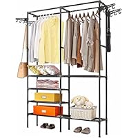 M.J COMFY-LIFE Heavy Duty Clothes Rail with 6-Tier Shelf & 4 Hooks - Industrial Garment Rack, Freestanding Wardrobe Organizer Wardrobe Clothes Rails For Bedroom Office Shop (Black)