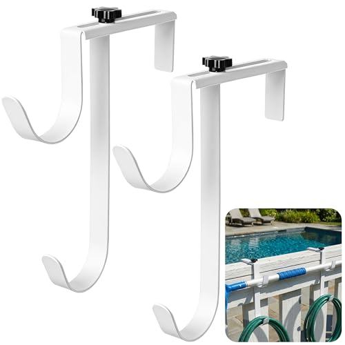 2 Pcs Double Pool Fence Hooks for Pool Equipment Adjustable Pool Pole Hanger Holder Rustproof Swimming Pools Skimmer Pole Hooks for Hanging Tool Hose Leaf Rakes Nets Pool-Accessories (White)
