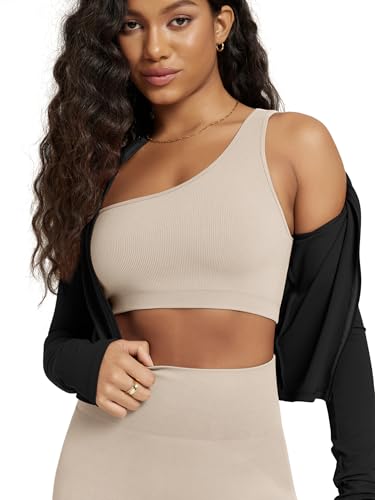 ODODOS Seamless One Shoulder Sports Bra for Women Ribbed Asymmetrical Non Padded Yoga Crop Tank Tops, Cloud Cream, Large