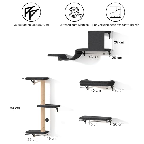 FUKUMARU Kletterwand Katzen Set, 10-teilig Katzen Kletterwand Set, aus robuster Multiplexplatte，Hängematte Katze mit Katzenhaus, Katzenbrücke, Katzenbaum, Katzentreppe bis zu 18 kg, Grau