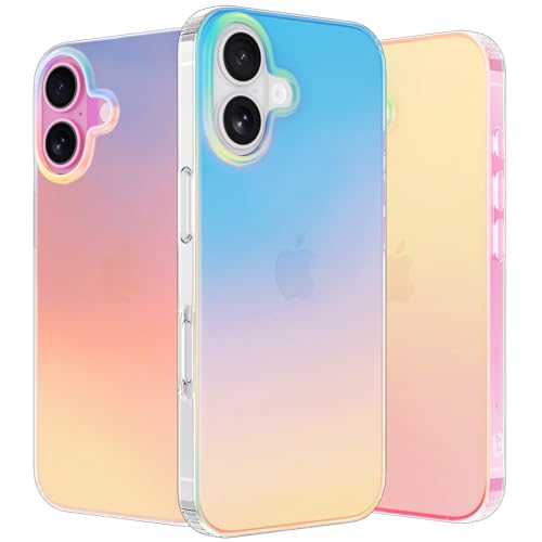 nicekool Coque pour iPhone 16, Jaunissement Rayures Protection Antichoc Coque, Étui Housse Téléphone Mate Irisée Arrière Givrée, Fluorescente Translucide
