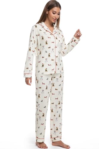 Image of LUBOT Christmas Pajamas for Women 100% Cotton Pajama 2 Piece PJ Set Soft Long Sleeve Button Xmas Print Loungewear XS-XXL
