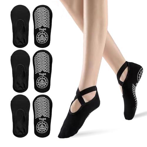 SEFIRST 3 par Chaussettes Pilates Yoga Chaussette Anti-dérapante Femme, svart, one size