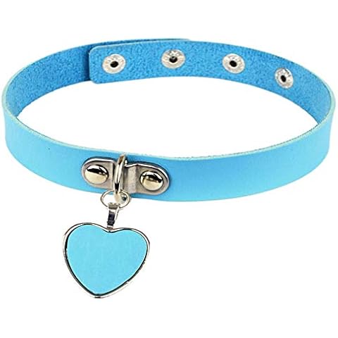 AKOAK Fashion Cool Rock Style Steampunk Punk Goth Heart-Shape Pendant Link PU Leather Collar Choker Necklace(Light Blue) Cover