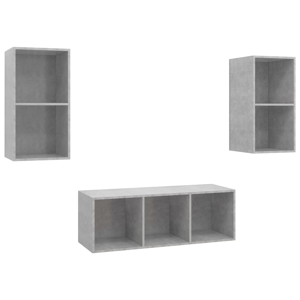 3-TLG. TV-Schrank-Set, Betongrau Holzwerkstoff, Hängend, Modernes Media-Center für Wohnzimmer, Schlafzimmer, Viel Stauraum