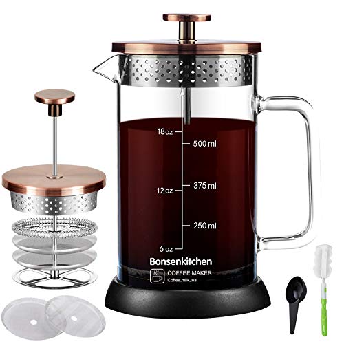 French Press Coffee Maker 20oz, 304 Stainless Steel Coffee Press with 4 Filter Screens, Heat Resistant Borosilicate Glass Coffee Pot Percolator, Single Serving Coffee Maker (Bronze)