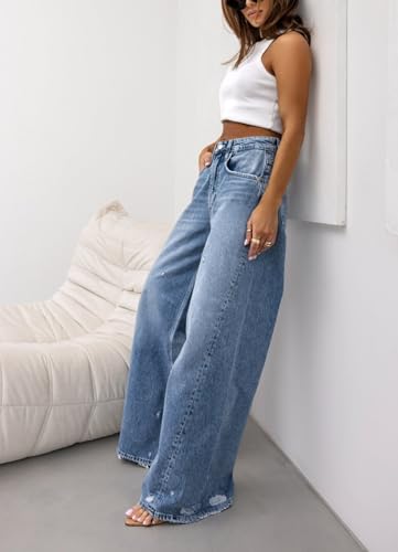 Womens High Waist Bell Bottom Jeans Stretchy Baggy Straight Wide Leg Boyfriend Denim Pants Distressed Blue Jeans3