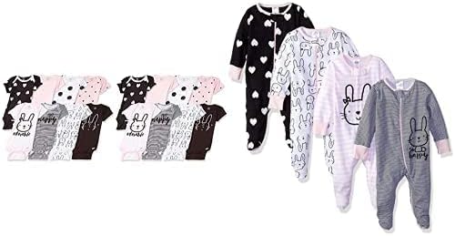 Gerber Baby Girls' 8-pack Short Sleeve Onesies and 4-Pack Sleep 'N Play Clothing Bundle, Bunny, 0-3M
