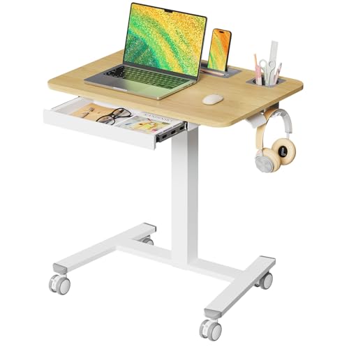 Image of Mobile Standing Desk with Drawer, 28 inch Rolling Desk with Cup Holder and Hooks, Portable Laptop Workstation on Wheels, Height Adjustable Cart with Storage for Home Office, Maple