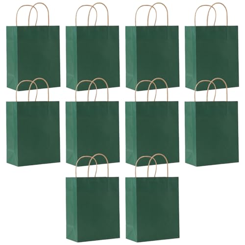 SHUBEIEUMI Paquete de 10 Bolsas de Regalo, Bolsas de Papel Kraft con Asas, 21 x 15 x 8 cm, Reutilizables Bolsas de Regalo para Embalaje Fiestas de Cumpleaños Bodas-Verde Oscuro