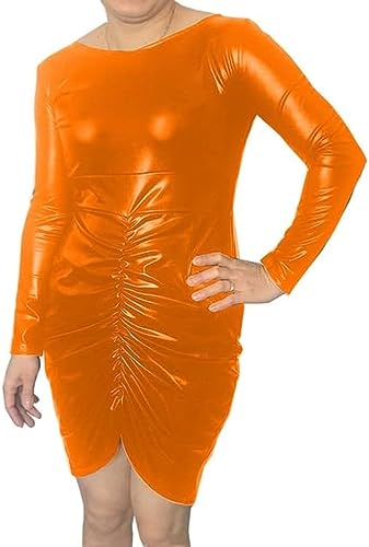 長袖プリーツセクシーなミニドレス女性レザー PU ソリッドパーティーコスプレミニドレス,オレンジ,S