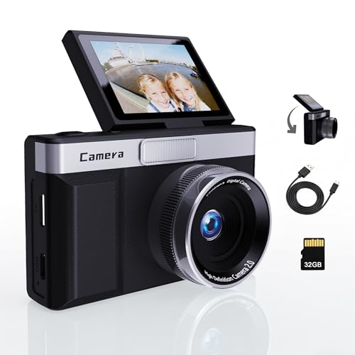 Appareil Photo Numérique Noir avec Écran LCD Rotatif 2', 1080P Appareil Photo Compact Portable, Zoom 8X, Carte SD 32GB Incluse, Idéal pour Enfants, Vlogging, Adolescents et Débutants