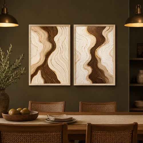 Image of Livin'luxe Set of 2 Brown Beige Abstract Wall Photo with Frame for Living Room Bedroom Hall Office Decor, Premium Wooden Synthetic Frame Luxury Artwork Gift
