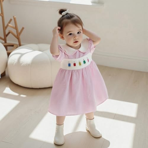 Little Girl Back to School Smocked Dress Apple/Letter Embroidery Doll Collar Dresses Toddler Princess Dress2