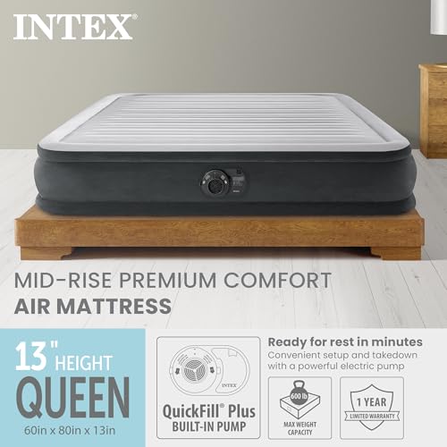 Image of Intex Mid-Rise Air Mattress Bed with Built-in Pump, Dura-Beam Deluxe Comfort Plush, Queen - Portable Luxury Travel Airbed for Adults, Camping, Guests