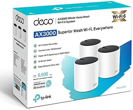TP-Link Deco X55 AX3000 Whole Home AI-Driven Mesh Wi-Fi 6 System, Three Gigabit Ports, Coverage up to 6,500 ft2, Connect up to 150 devices, HomeShield Security, Pack of 3, Amazon Exclusive