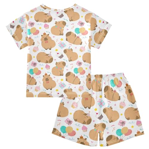Cute Birthday Party Capybara White Summer Cute Pajama Sets, Short Sets for Daily Wears and Sleep Wears2
