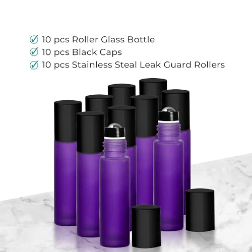 Your Oil Tools 10 Pack Essential Oil Roller Bottles, 10ml Empty Purple Frosted Glass Roll-on with Leak Guard Stainless Steel Roller Balls & Black Caps for oils and perfume 6