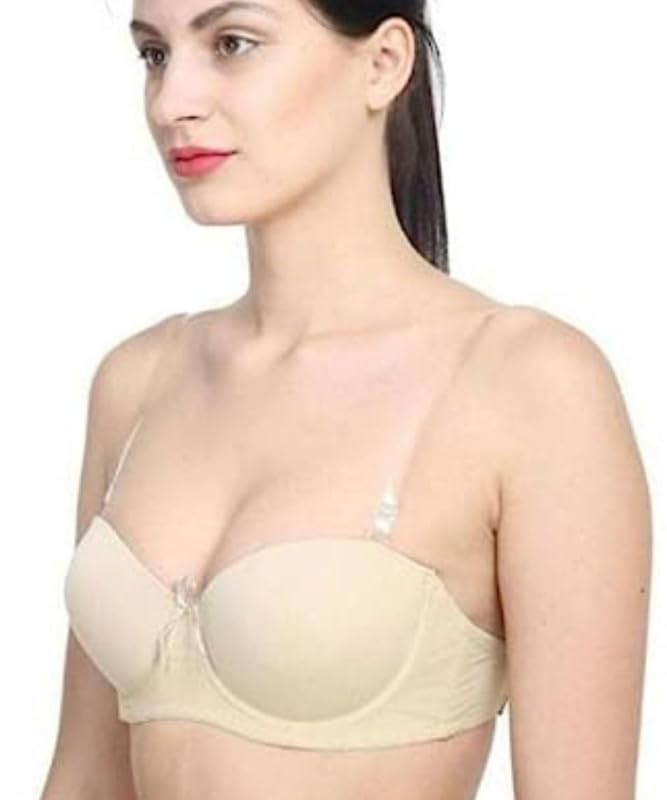 Image of Brachy Women Cotton Nylon Spandex Padded Underwire Strapless Backless Invisible Clear Transparent Back Push up Bra with (Free Extra Transparent Strap)