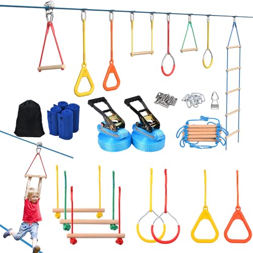 Vanku 2 X 50ft Slackline Set Kinder mit Seilrolle, Hindernisse Set mit Klettergerüst Kletterstangen Kletterleiter Turnringen Gymnastikringe Baumschutz (50 FT)