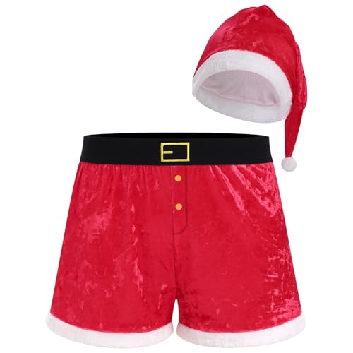 ABAFIP Mens Christmas Boxer Shorts Santa Hat Holiday Outfits Briefs Underwear 2Pcs Lingerie set Red Large