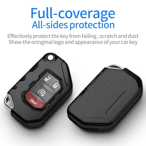 Image of Compatible with Jeep Key Fob Cover With Leather Keychain Soft TPU Protection Key Case for 2018-2026 Wrangler JL JLU Rubicon Wagoneer Gladiator JT Sahara JLU Remote Ke (Black)