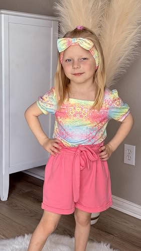 Image of Arshiner Toddler Girls 3 Piece Outfit Set Puff Sleeve Square Neck Top with Shorts and Matching Headband Summer Clothes 2T-8Y