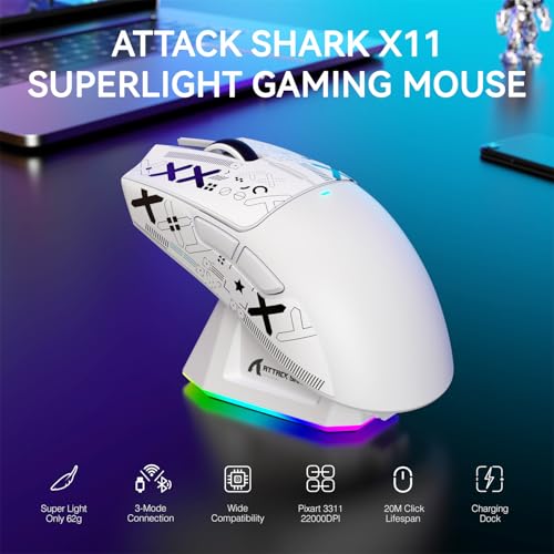 Image of ATTACK SHARK X11 Wireless Gaming Mouse, PAW3311 Sensor, Lightweight, RGB Charging Dock, 22,000 DPI, Tri-Mode Connectivity, 5 Programmable Buttons, Grip Tape Included - White