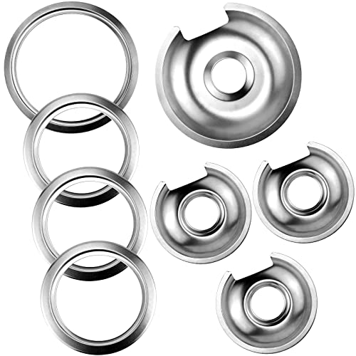 4 Pack Chrome Cooktop Drip Pans Fit for GE Range Stove Top Burner Drip Pan Bowls (3pcs) 6' Pan/Ring & (1pc) 8' Pan/Ring by AMI PARTS