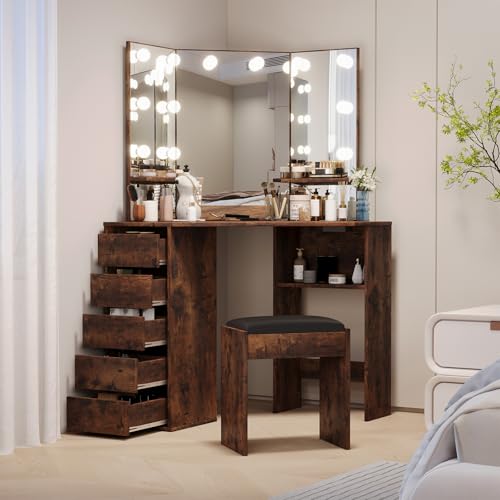 GarveeHome Corner Vanity and Stool, Corner Vanity Desk with Mirror and Lights, Corner Makeup Vanity with Power Outlet, 3 Color & Brightness Adjustable Light, Makeup Vanity for Girls, Dark Br