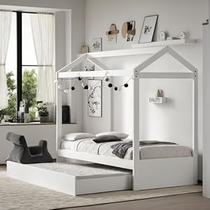 Twin Size House Bed with Trundle for Kids, Girls and Boys,Twin Size Bedframe w/Can Be Decorated & Roof,No Box Spring Needed, White Twin Size House Bed with Trundle for Kids Girls and BoysTwin Size Bedframe wCan Be Decorated RoofNo Box Spring Needed White